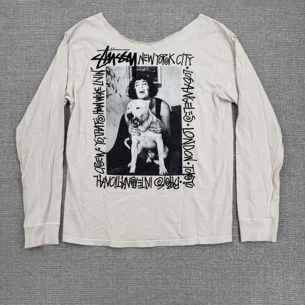 Stussy New York City Long Sleeve Graphic T Shirt Mens Beige Crew Neck